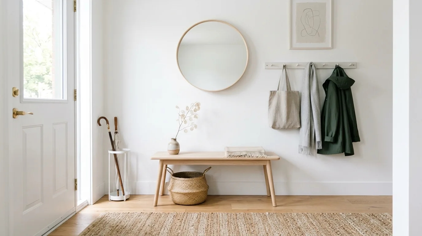 Use baskets for quick grab and drop categories inspiration for a small entryway.